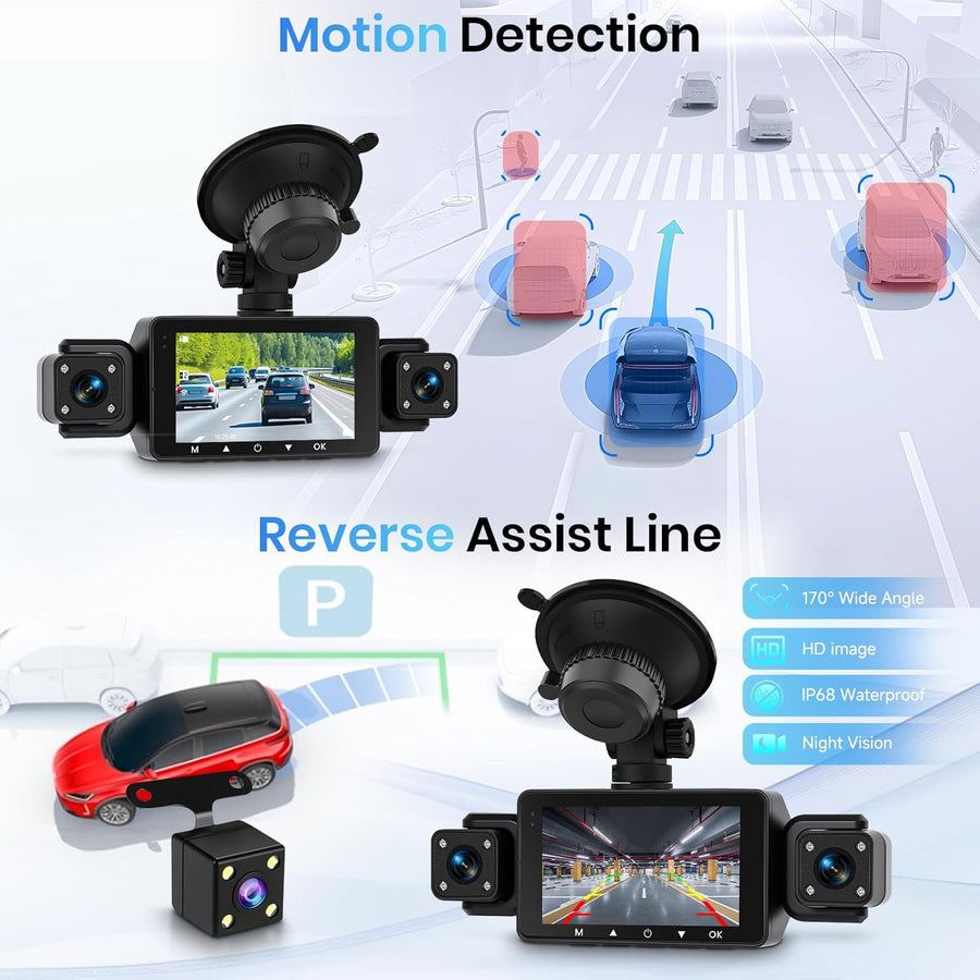 Dashcam Voiture 360° avec 5GHz WiFi, 4 Caméras Avant Arrière Intérieur Gauche, Nachtsicht Ohne Licht, Écran Tactile IPS 3", Enregistrement en Boucle, Capteur G,Contrôle Via Application