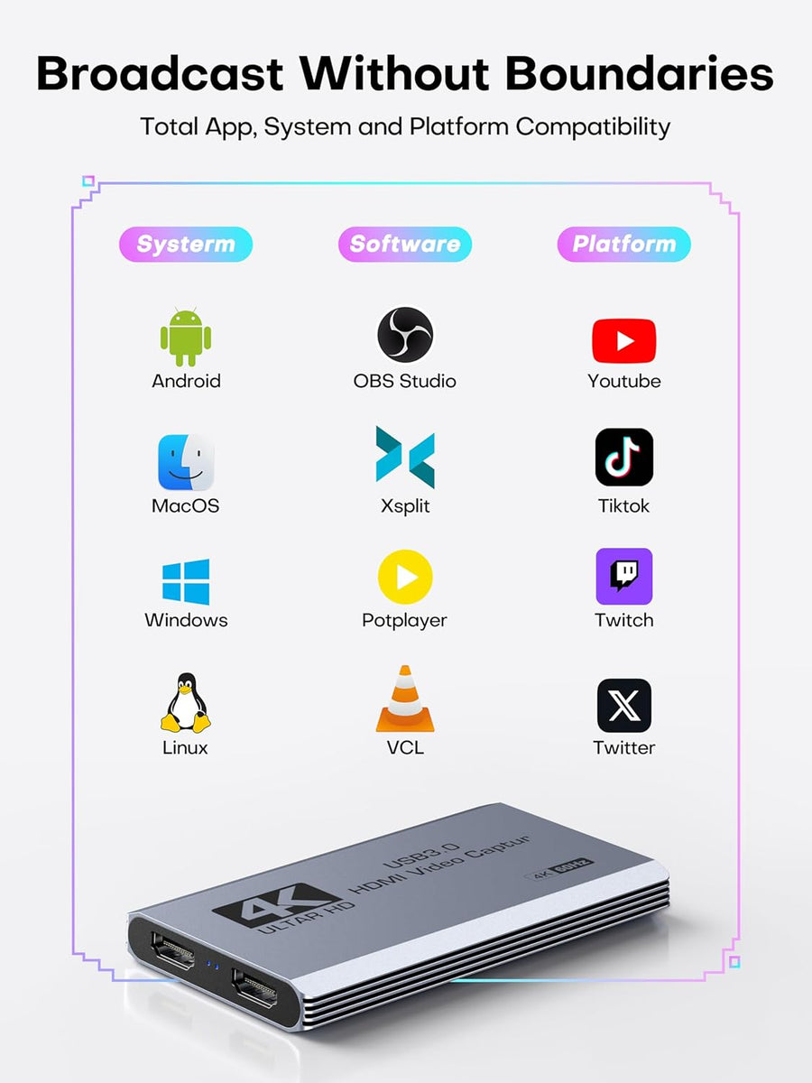 Carte de Capture vidéo, USB 3.0 Carte de Capture 4K HDMI Loop-Out, 4K 60FPS/1080P 240FPS Capture de Jeu vidéo pour Fonctionne pour PS5/caméra/PC/streaming