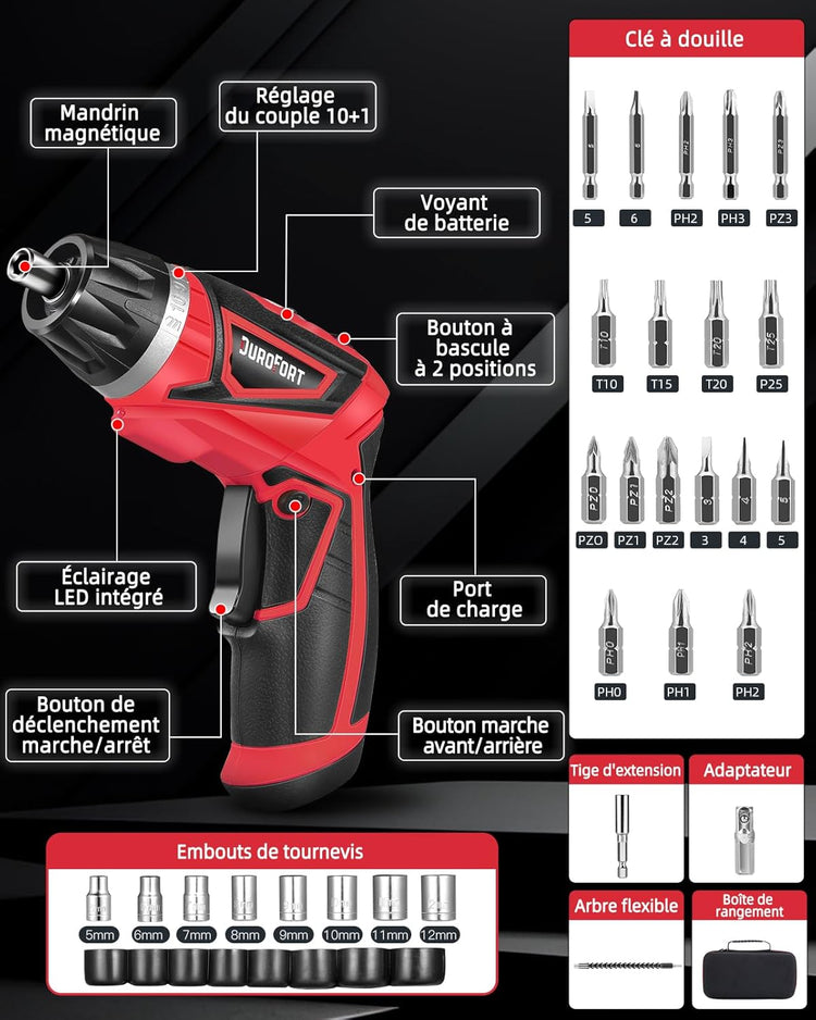 Tournevis Electrique Sans Fil Rechargeable 8V 5.5Nm 30 Embouts 10 Réglages de Couple