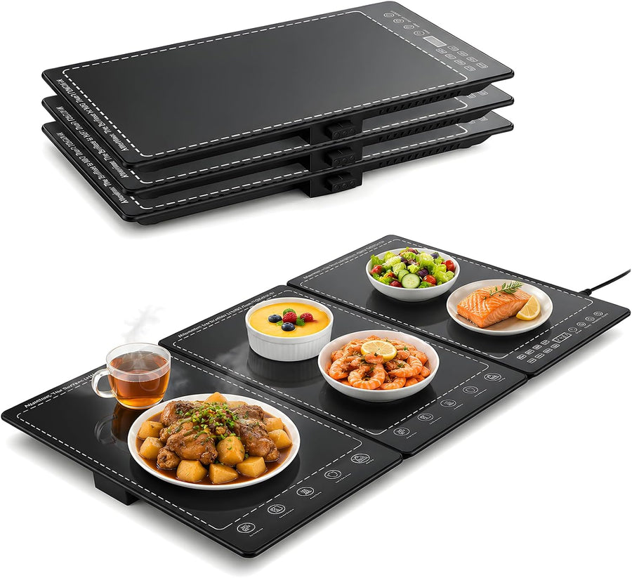 Chauffe-Plat Électrique Pliable en Verre,3-in-1 Chauffante Pliable avec Températures Réglables 30-120℃ et Minuteur 1-24H, Chauffe Plat Electrique Buffet pour Buffets Fête, Voyag Réunions