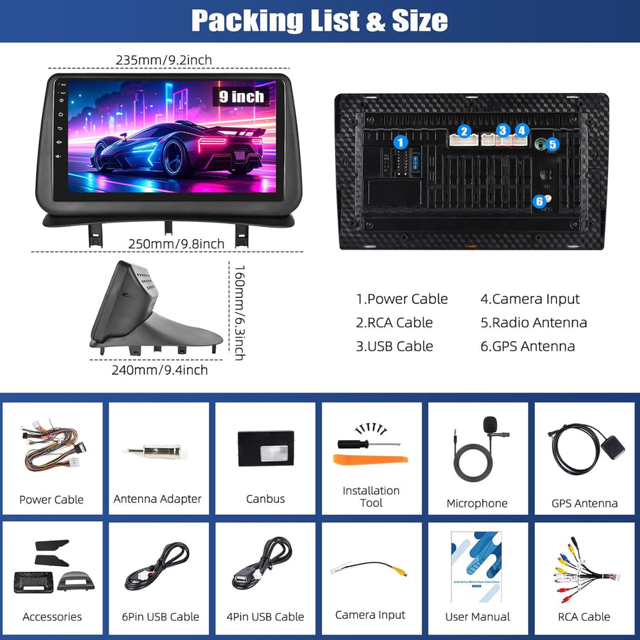 Autoradio Android 13 2G+64Gpour Renault Clio 3th 2005-2017 avec Carplay/Android Auto/Mirrorlink, écran Tactile capacitif 9 Pouces avec WiFi GPS Bluetooth FM/RDS EQ