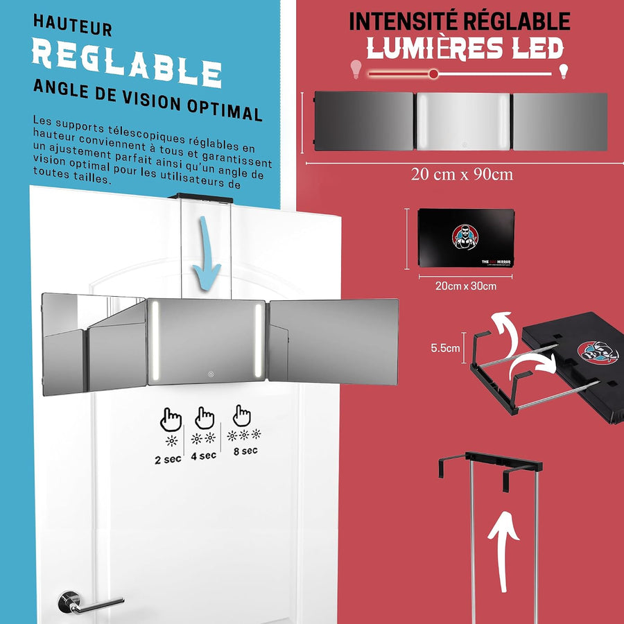 Kit : tondeuse miroir 360 LED 3 voies pour coiffeur Kit : miroir de barbier à trois voies + tondeuse professionnelle sans fil avec autonomie de 3 heures, 4 protections