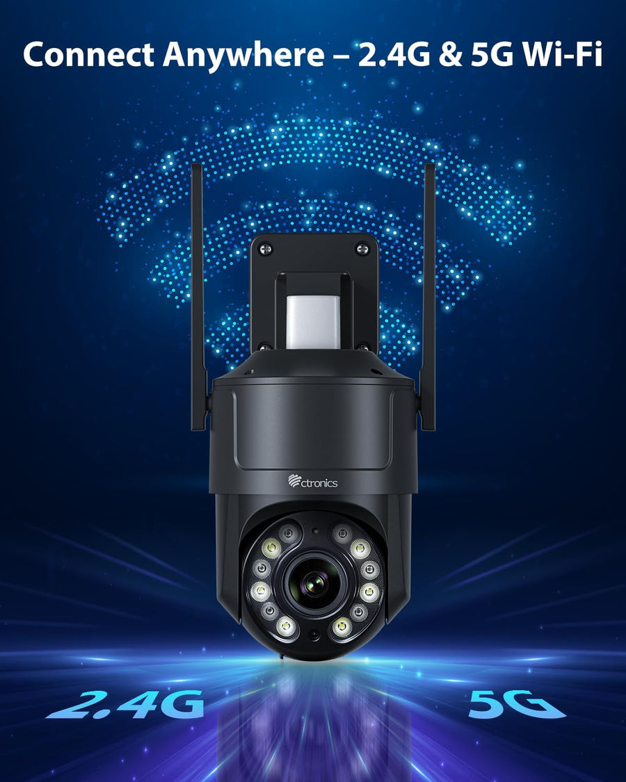 Caméra Surveillance 4K Extérieure avec Zoom Optique 5X, Vision Nocturne Couleur/IR Starlight 50m, Suivi Auto, Lumière Rouge-Bleue & Sirène, WiFi 5G/2,4G, App/PC, SD 256Go/FTP/NAS NOIR