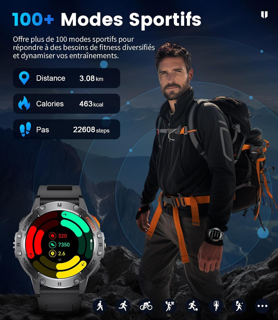 Montre Connectée Homme avec Appels Bluetooth/530 mAh, 1,43" HD AMOLED Smartwatch Homme avec 120+ Modes Sportifs/Moniteur de Fréquence Cardiaque/Sommeil/SpO2, IP68 Étanche Podomètre Android iOS