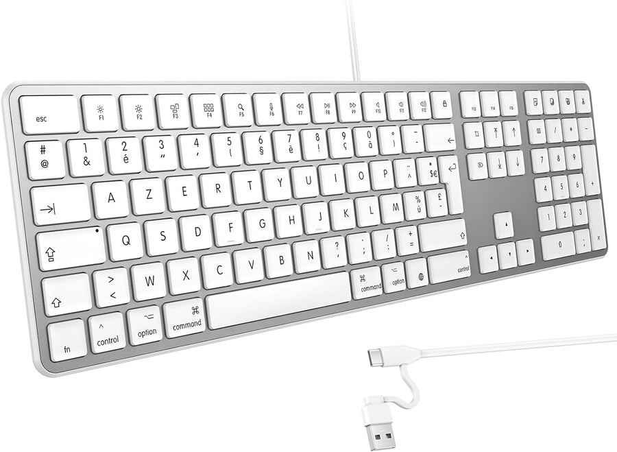 Clavier Filaire pour Mac, Câble de Clavier avec Double Port (Type C/USB), AZERTY Français pavé Numérique, Compatible avec Apple Mac Pro/Mini, MacBook Air/Neo, iMac Pro, Argent