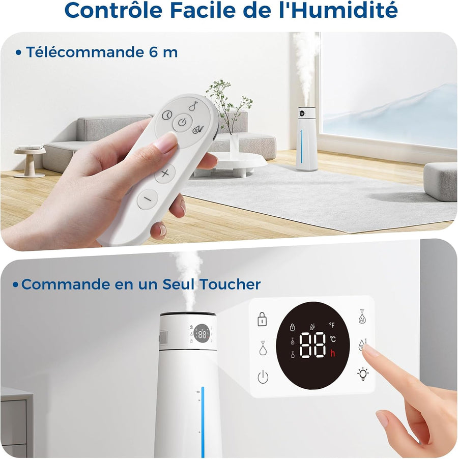 Humidificateur d'Air, 8L Top Fill Humidificateur d'air Chambre Avec Télécommande, Minuterie, Contrôle Intelligent de l'Humidité, Veilleuse, 80H