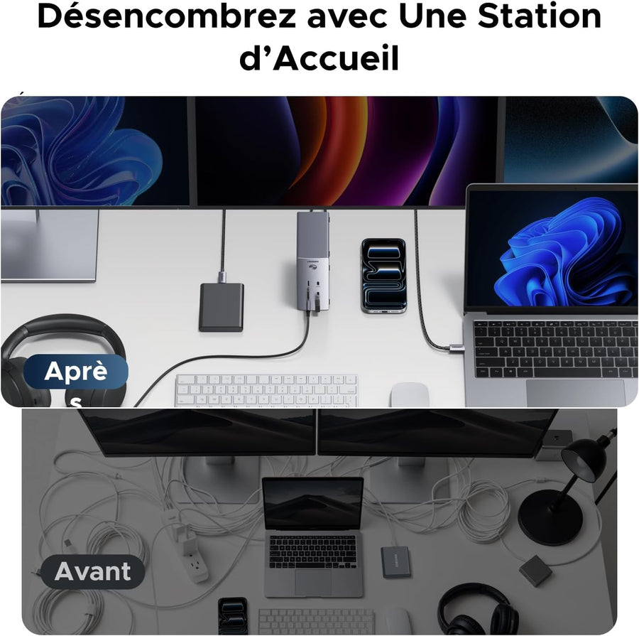 Docking Station 14 en 1 Hub USB C Triple Affichage pour Windows 2 HDMI, DisplayPort, 3 Moniteurs 4K, 10Gbps USB-A/C, PD 100W Charge, RJ45 Gigabit, SD TF, Multi Data Ports 3A2C, Audio 3.5mm