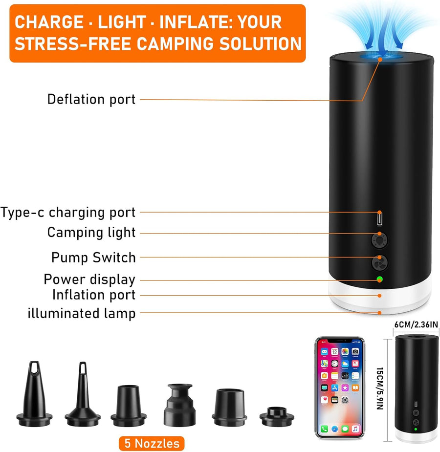 Pompe à Air Électrique Portable 4000mAh avec Lumière LED Gonflage/Dégonflage Rapide pour Matelas Pneumatiques de Camping, Piscines Gonflables, Sacs sous Vide et Accessoires
