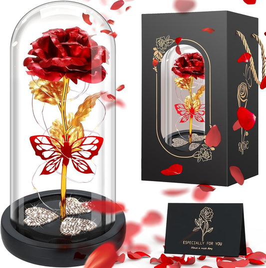 Rose Éternelle Papillon et Diamant Cadeau Saint Valentin Cloche en Verre LED Lumineuse
