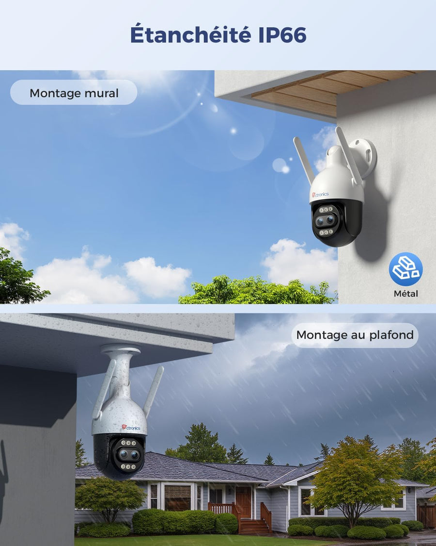 Ctronics [Zoom Hybride 10X 4K Caméra de Surveillance Extérieure, Double Objectif, Métal IP Camera 2.4/5GHz WiFi, Suivi Auto/Détection Hum/Véh/ANI, 256GB TF/Cloud/PC, Vision Nocturne Color, IP66