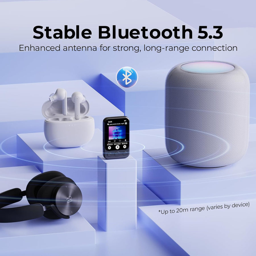 Lecteur MP3 64GB Bluetooth 5.3 avec Clip & Haut-Parleur, Lecteur de Musique Sport avec Écran Tactile et Boutons, Contrôle de Volume Indépendant, Radio FM, Extensible jusqu'à 128GB