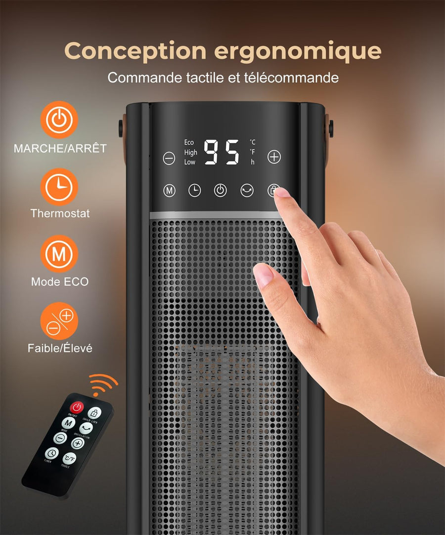 Chauffage d'Appoint, 2000W PTC Chauffage Electrique, Oscillant à 75°, 3 Modes, Minuterie 24H, Télécommande, Protection contre Basculement/Surchauffe, Radiateur Soufflant