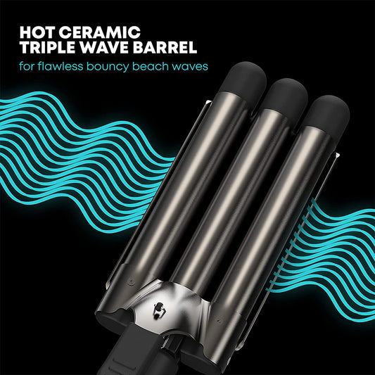 FER À ONDULER Beach Wave 3 Têtes Cylindres Céramique Infusés d’Huiles Cheveux Brillants