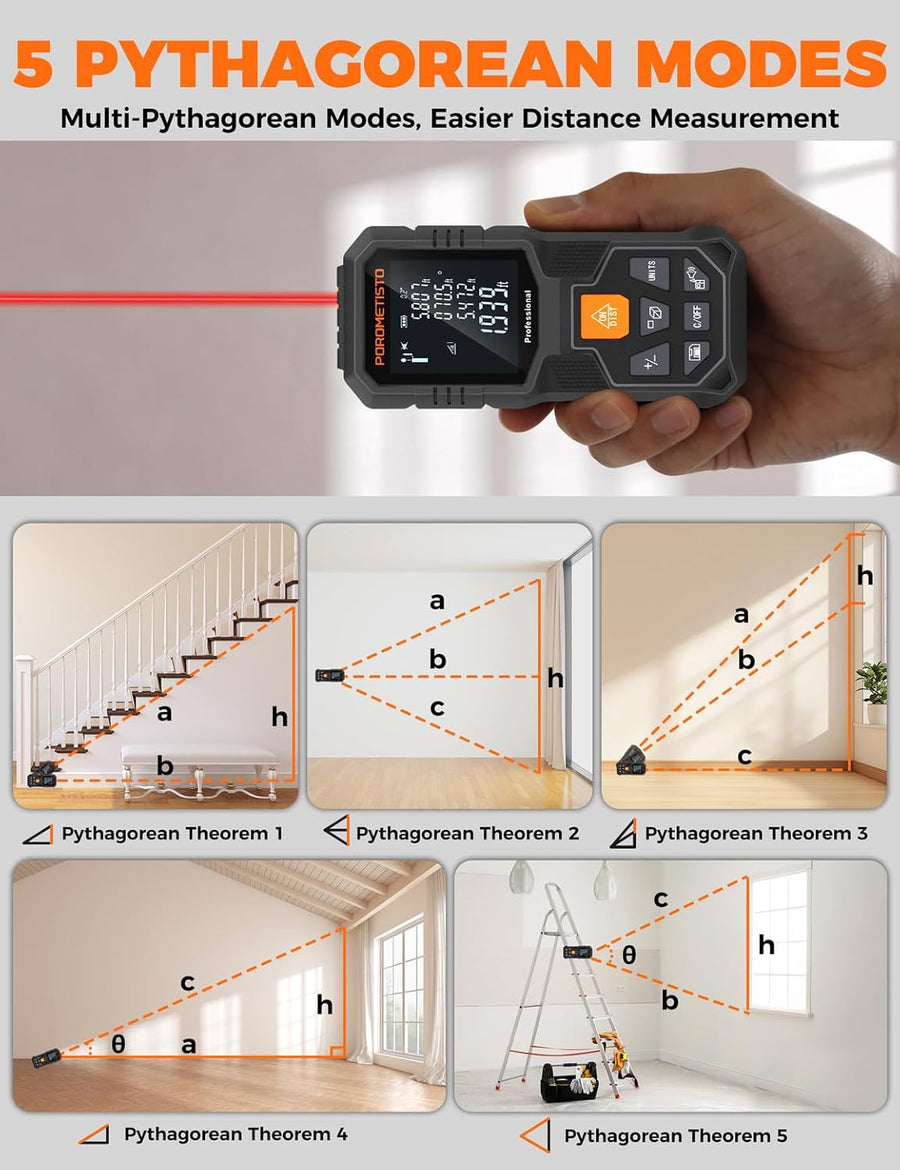 Télémètre Laser 50m : Angle, Longueur, Surface, Volume, Pythagore, Addition/soustraction; Filetage Laiton 1/4; Ergonomique