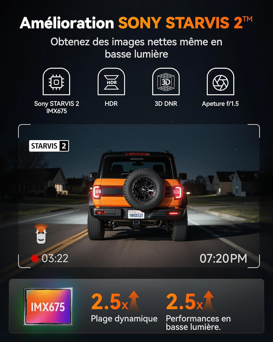 Dashcam Caméra embarquée 2,5 K 60 FPS 2,5 K + 1080P double caméra embarquée pour voiture avant arrière 5,8 GHz intégrée WiFi & GPS Carte 64 Go Écran tactile Capteur G Enregistrement