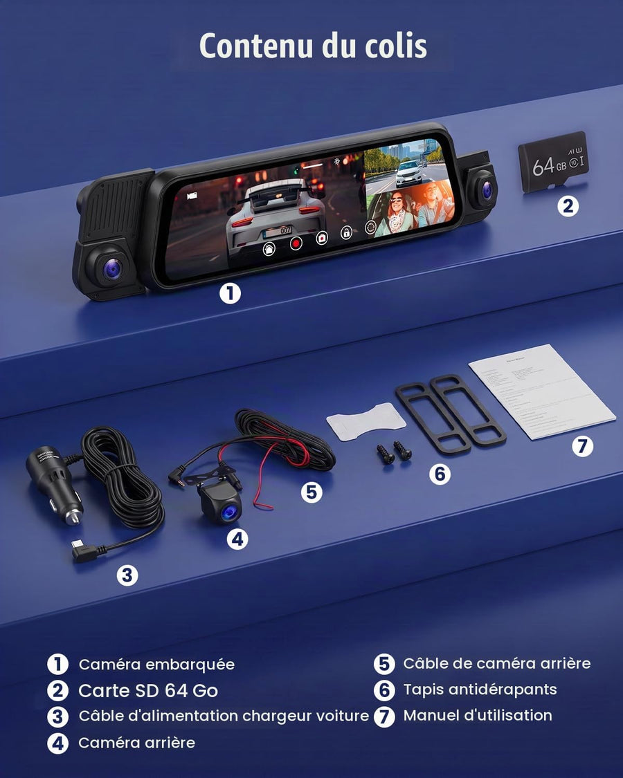 Dashcam Rétroviseur 4 Canaux 1080P, IPS Tactile 9,7 Pouces Trois Vues 720P, WiFi, Streaming, Aide au Recul, Enregistrement en Boucle et Carte 64 Go pour Conduite Quotidienne