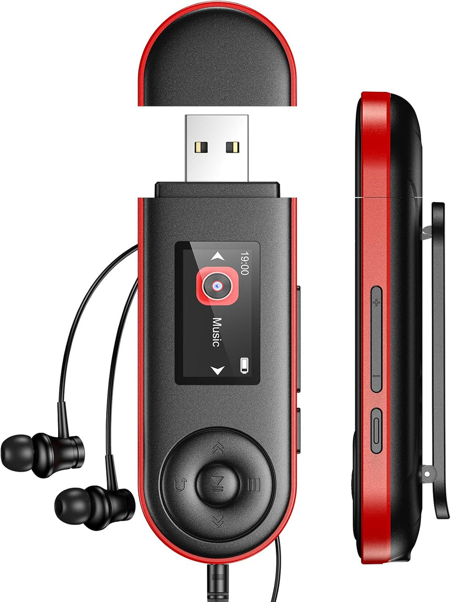 Lecteur MP3 64 Go Bluetooth 5.3, verrouillage des touches, clip, 28 g Clip sport, connexion USB directe, jusqu’à 20 h d’autonomie, radio FM, enregistrement vocal et lecture par dossier.