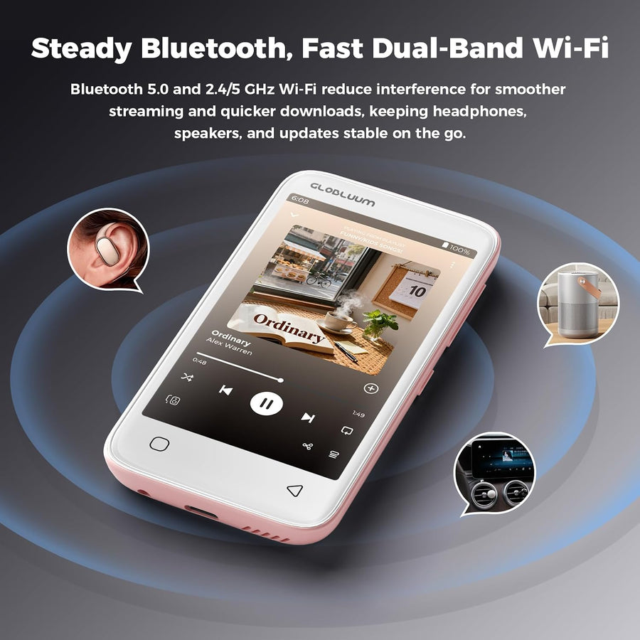 Lecteur MP3 Bluetooth WiFi, Spotify Compatible, Lecteur Musique 32 Go Streaming musical, Audible compatible, Android 14, écran 4", contrôle parental, adapté aux familles, Rose