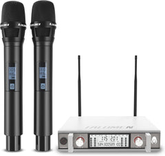 Micro sans Fil UHF, Set de 2 Microphones à Main Dynamiques en Métal, Auto Scan, Portée 120 m, Récepteur Double Canal, Idéal pour Chant, Karaoke, Fête, DJ, Église – K120 BLANC