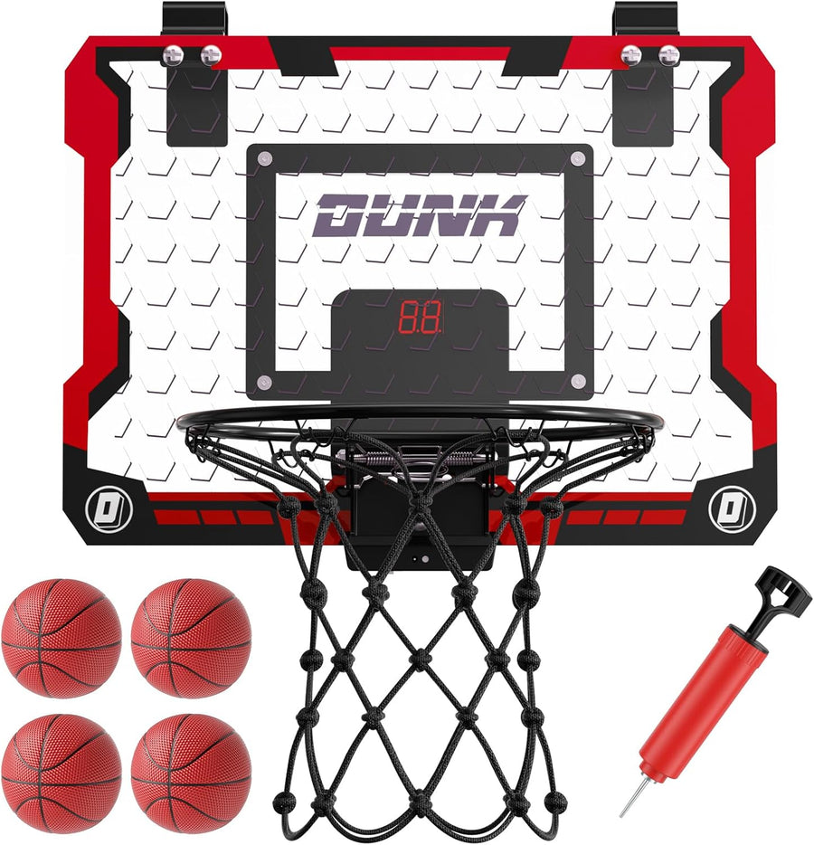 Panier de Basket Interieur pour Enfants avec 4 Ballon de Basket, Panier de Basket Intérieur Mural avec Tableau d'affichage électronique et Lumière LED