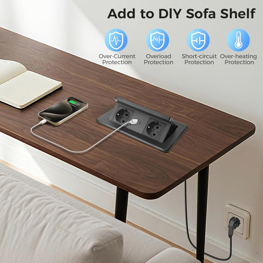 Prise Encastrable Plan de Travail, Multiprise Plate avec USB C PD 20 W et 15 W, Multiprise Encastrable Sans Fil, Prise Escamotable pour Cuisines Bureaux Salle de Réunion, 1.8M Câble