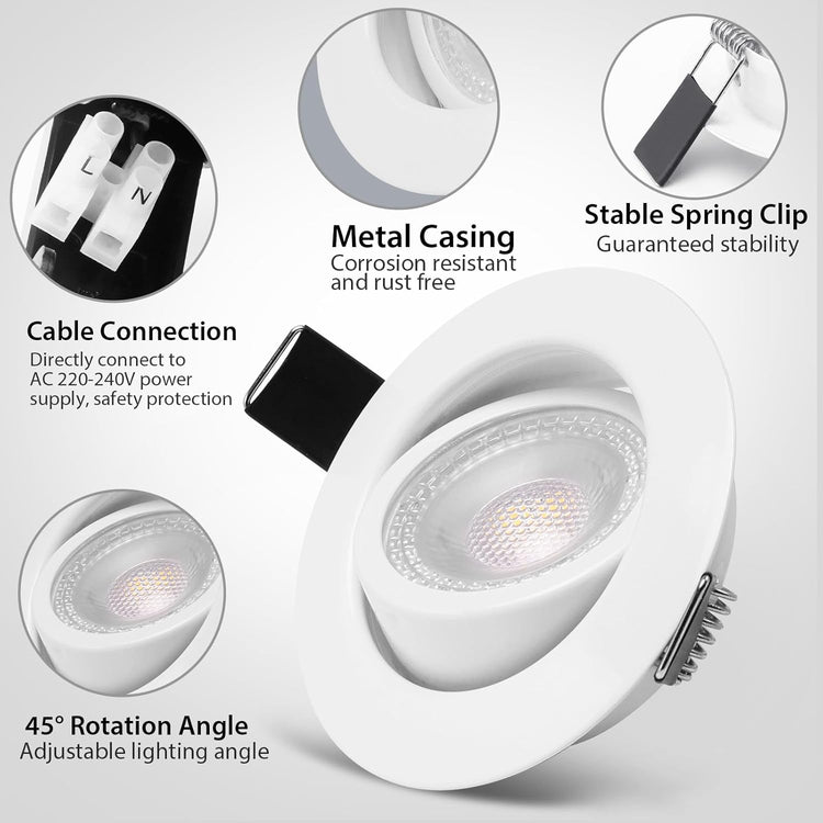 Spot LED Encastrable Orientable, 5W Spot Led Plafond Blanc Dimmable 220V Blanc Neutre 4000K 500LM Spot Encastrable LED Extra Plat, IP44