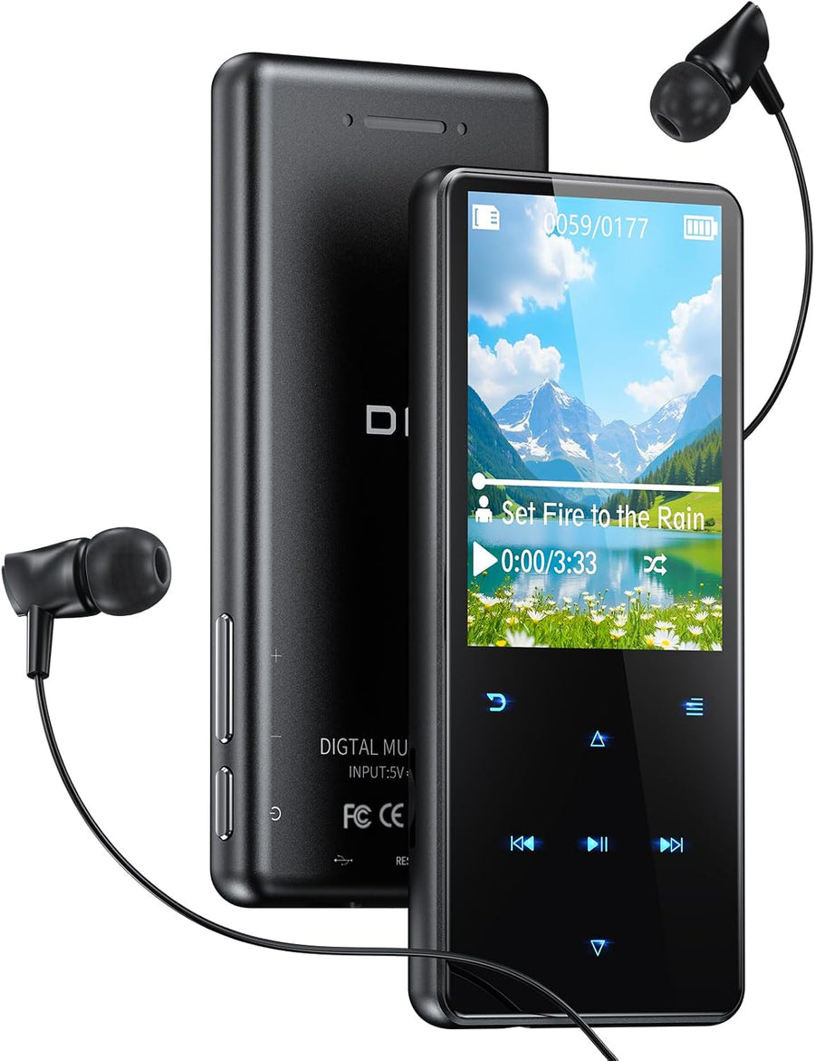 64Go Lecteur MP3 avec Bluetooth 5.3, Haut-Parleur intégré, Écran 2,4 Pouces Avec radio FM, enregistreur,Cadre central en métal,boutons tactiles, compatible avec les cartes mémoire jusqu'à 128 Go (noir)
