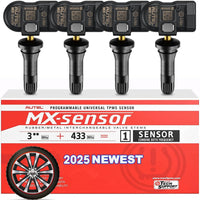 Capteur TPMS 2 en 1 MX-Sensor, capteur de surveillance de la pression des pneus à enfoncer à 1 capteur, capteur TPMS sans fil programmable et clonable de niveau OE pour tous les véhicules (valve en caoutchouc, 4 pièces)