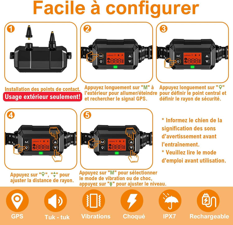 Collier Chien Clôture Anti-Fugue Sans Fil GPS Extérieur IPX7 Étanche Système Complet Amplification Signal GPS Intelligente Rayon Jusqu'à 1000m