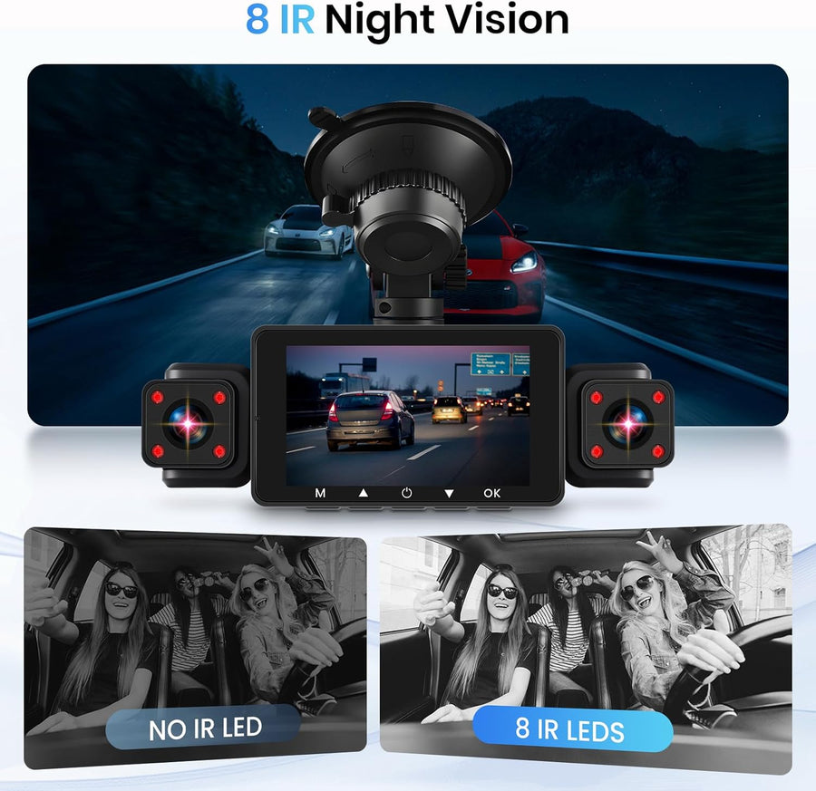 Dashcam Voiture 360° avec 5GHz WiFi, 4 Caméras Avant Arrière Intérieur Gauche, Nachtsicht Ohne Licht, Écran Tactile IPS 3", Enregistrement en Boucle, Capteur G,Contrôle Via Application