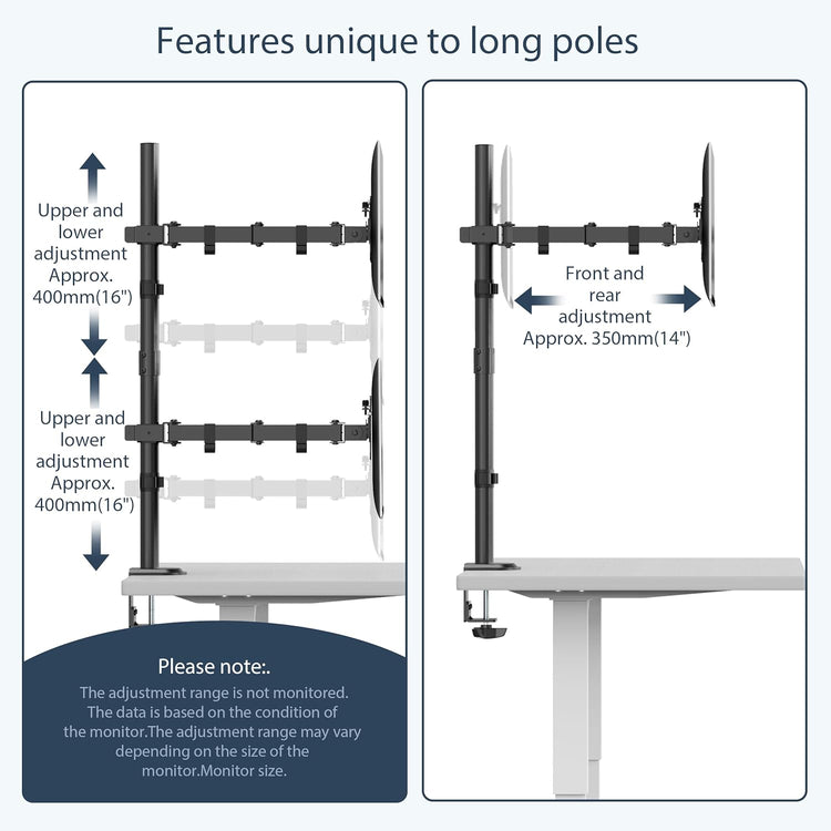 Support Double Ecran Vertical Deux Ecrans Jusqu'à 35" Réglable en Hauteur Pivot Inclinaison Rotation Pince en C