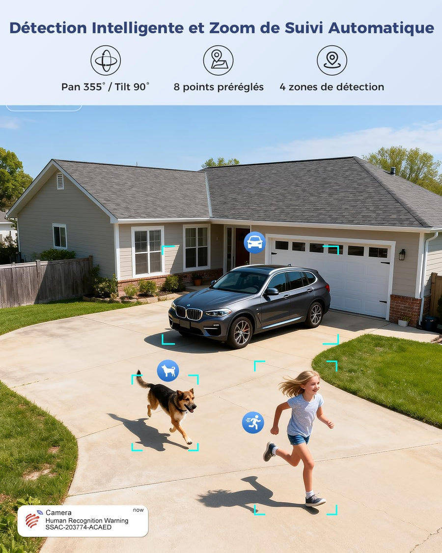 Ctronics [Zoom Hybride 10X 4K Caméra de Surveillance Extérieure, Double Objectif, Métal IP Camera 2.4/5GHz WiFi, Suivi Auto/Détection Hum/Véh/ANI, 256GB TF/Cloud/PC, Vision Nocturne Color, IP66