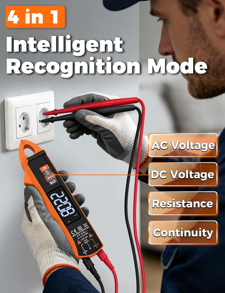 Pince multimètre , multimètre AC/DC 1mA/mV haute précision 6000 points, plage 100A/600V, détection NCV, résistance, capacité (nF/µF/mF), continuité et mode auto