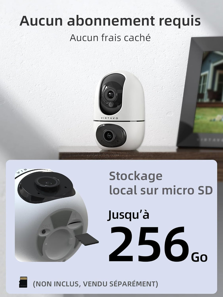 Caméra Surveillance WiFi Intérieure 1080P, 2-en-1 Double Objectif, Rotation 360, Vision Nocturne Couleur, Auto-Suivi, Audio Bidirectionnel