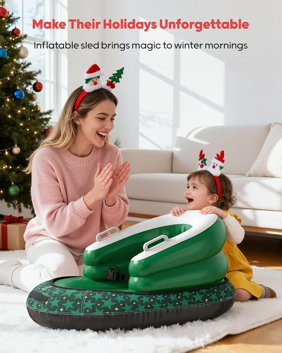 Luge Gonflable pour Bébé et Tout-Petits - Boule de Neige Aérienne d'hiver avec Housse Toile, Sangle de Remorquage, Poignées et Protection 3 Côtés pour Ski et Luge VERT