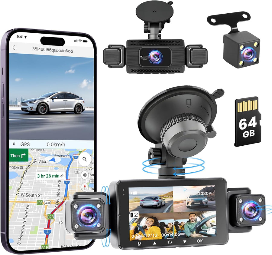 Dashcam Voiture Avant Arrière 1080P, 5GHz WiFi Caméra Embarquée Voiture avec Carte SD 64G, Écran IPS de 3″, Vision Nocturne, Capteur G, Enregistrement en Boucle, Grand Angle 170°