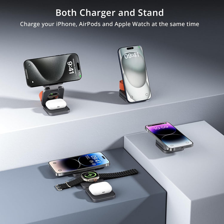 Chargeur Induction 3en1 Tout en Aluminium Pliable Résistant Charge 5W Smartphone et Montre Connectée GRIS