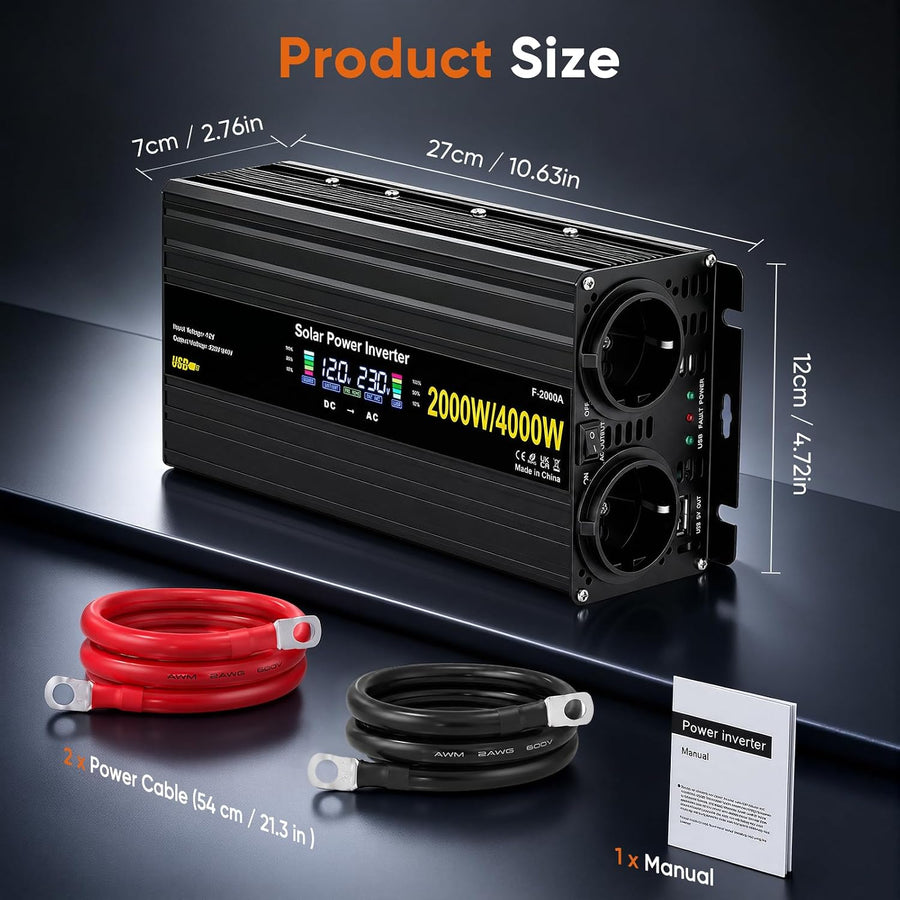 Convertisseur Pur Sinus Pro 2000W/4000W 12V 220V/230V de Tension Volts Voiture Solaire Power Inverter sinusoïdale DC AC, Onduleur Transformateur