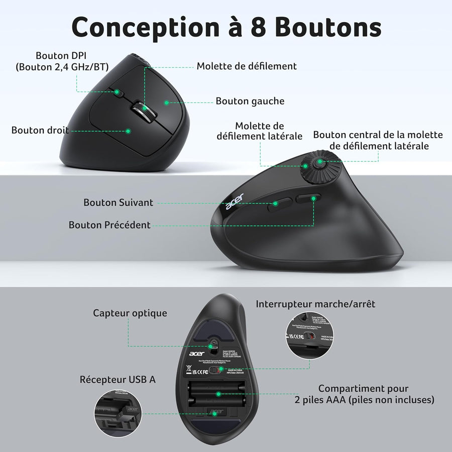 ACER Souris Ergonomique sans Fil avec Molette Défilement Latérale, Souris Verticale Bluetooth 4000 DPI (BT 5,2 + 2,4 GHz), Mouse Wireless, 8 Boutons, Récepteur USB pour iMac,PC
