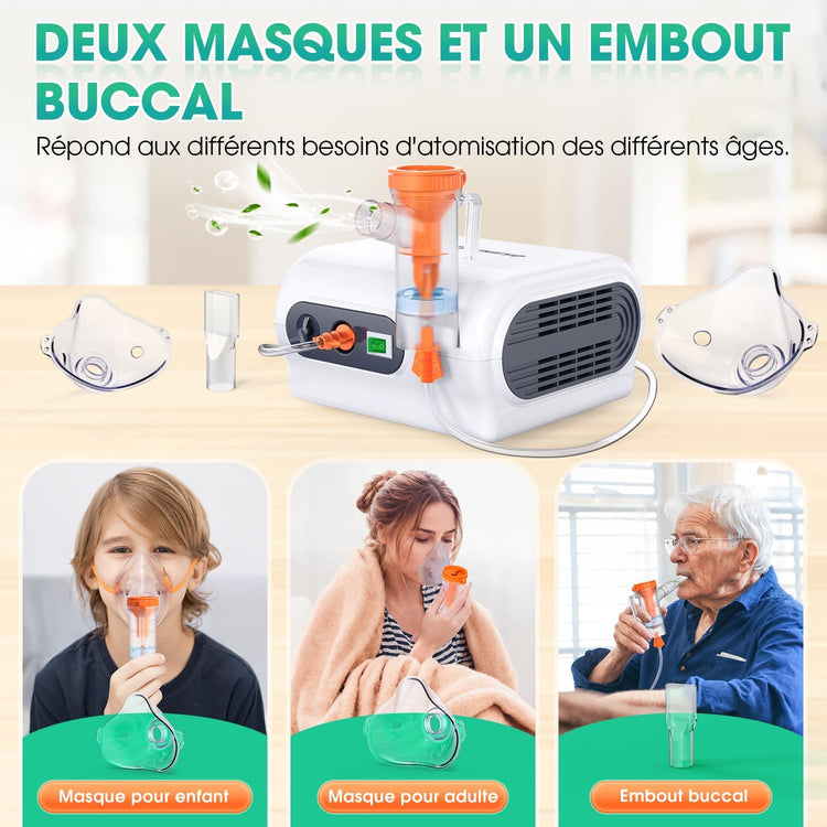 Nébulisateur Adultes Enfants Inhalateur avec Embout Buccal 2 Masques Aérosol Compact Traitement Respiratoire