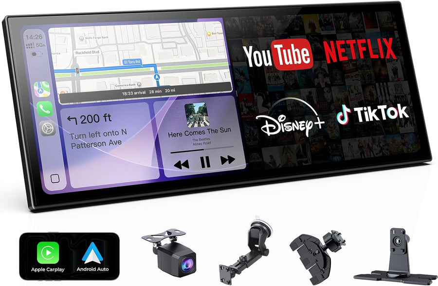 Écran CarPlay sans Fil 11,26",CarPlay & Android Auto Portable,Caméra de Recul 1080P,Fonction d'écran partagé,Double Bluetooth,Navigation GPS,Commande Vocale,12-24V