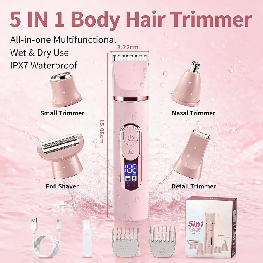 Tondeuse de bikini électrique 5 en 1, étanche IPX7 epilateur electrique femme les aisselles, les jambes, les bras et le maillot
