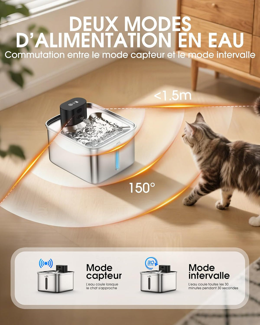 Fontaine a Eau Chat sans Fil 3,5L INOX avec Detecteur de Mouvement, avec 5000mAh Rechargeable Batterie et Technologie Exclusive sans Pompe, avec 2 Filtres