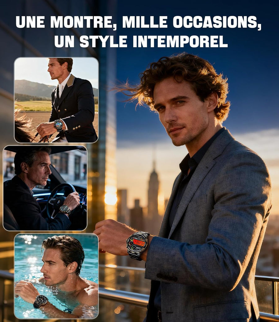 Montre Connectée Homme avec 800 mAh/Torche LED pour Android iOS, Écran 1,43'' AMOLED HD Smartwatch avec Appel Bluetooth/200+ Modes Sportifs, Moniteur de Fréquence Cardiaque/Sommeil, Étanche IP68