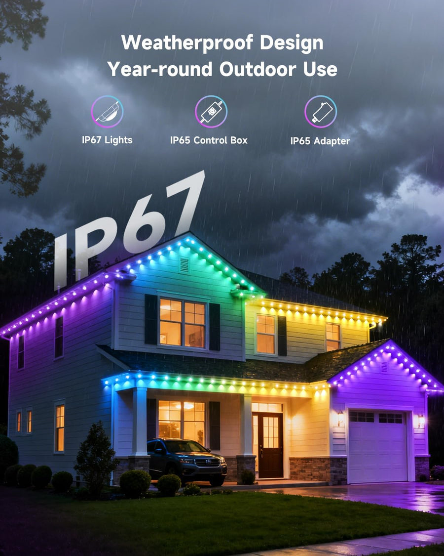 Éclairage Extérieur Permanent 30M Light RGBCW (2700K-6500K) Guirlande Lumineuse Intelligente pour les Fêtes de Jardin de Décoration de Noël et l'éclairage Quotidien IP67 Blanc