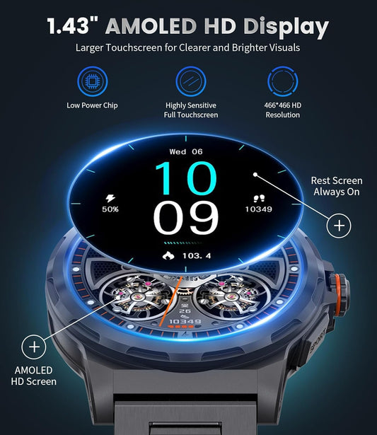 Montre Connectée Bluetooth Ecran 1,43 Pouces Montre Intelligente Etanche IP67 Sportif NOIR