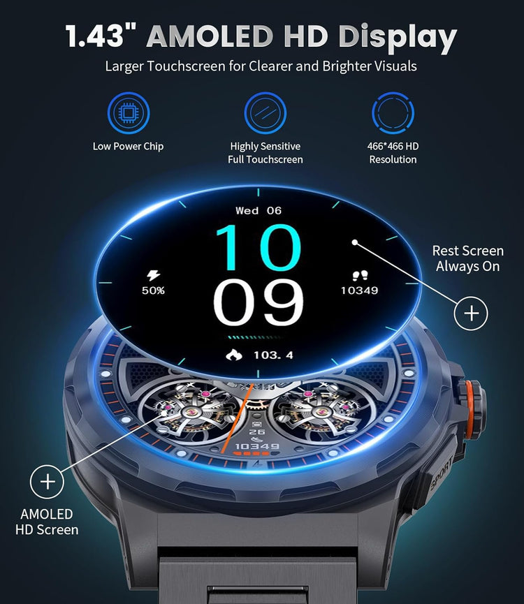 Montre Connectée Bluetooth Ecran 1,43 Pouces Montre Intelligente Etanche IP67 Sportif NOIR