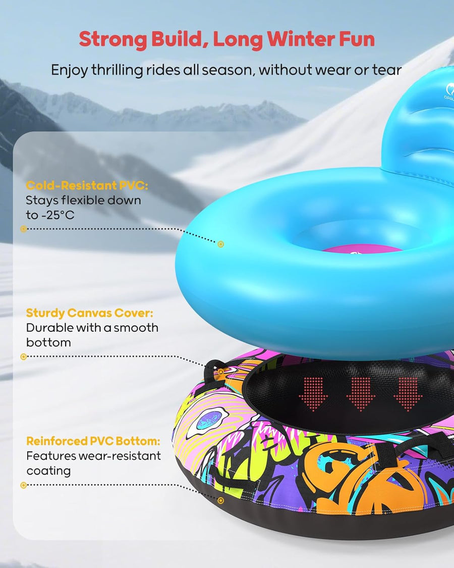 Tube à neige de 111,8 cm avec dossier – Traîneau gonflable robuste d'une capacité de 226,8 kg avec housse, poignées et corde de remorquage, traîneaux à neige pour enfants et adultes BLEU