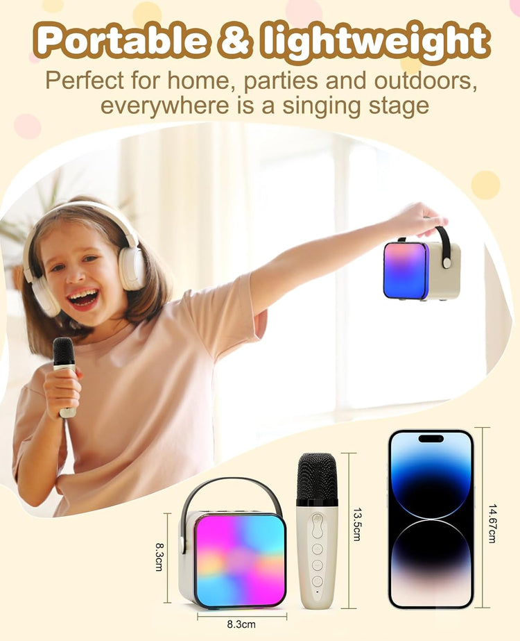 Karaoke Portable Bluetooth LED avec 2 Microphones pour Enfants et Adultes Jeux Fête BEIGE