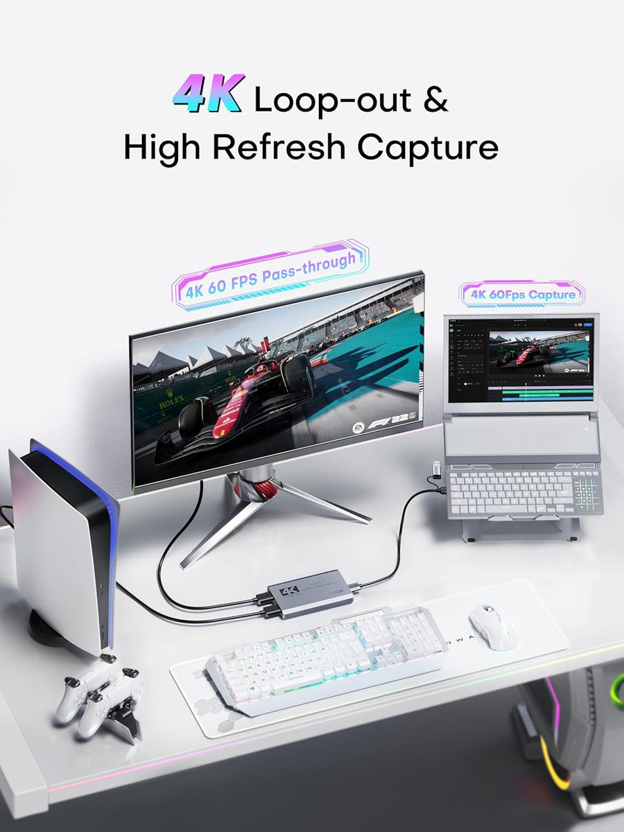 Carte de Capture vidéo, USB 3.0 Carte de Capture 4K HDMI Loop-Out, 4K 60FPS/1080P 240FPS Capture de Jeu vidéo pour Fonctionne pour PS5/caméra/PC/streaming